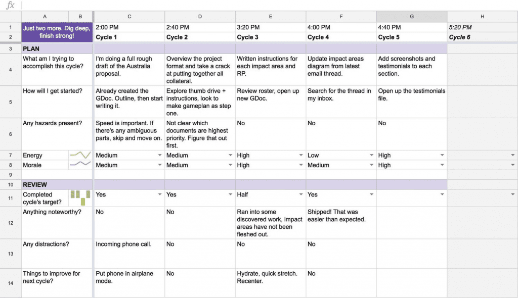 Spreadsheet showing cycles and of forty minutes, with questions like 'What am I trying to accomplish this cycle?' down the left hand side.